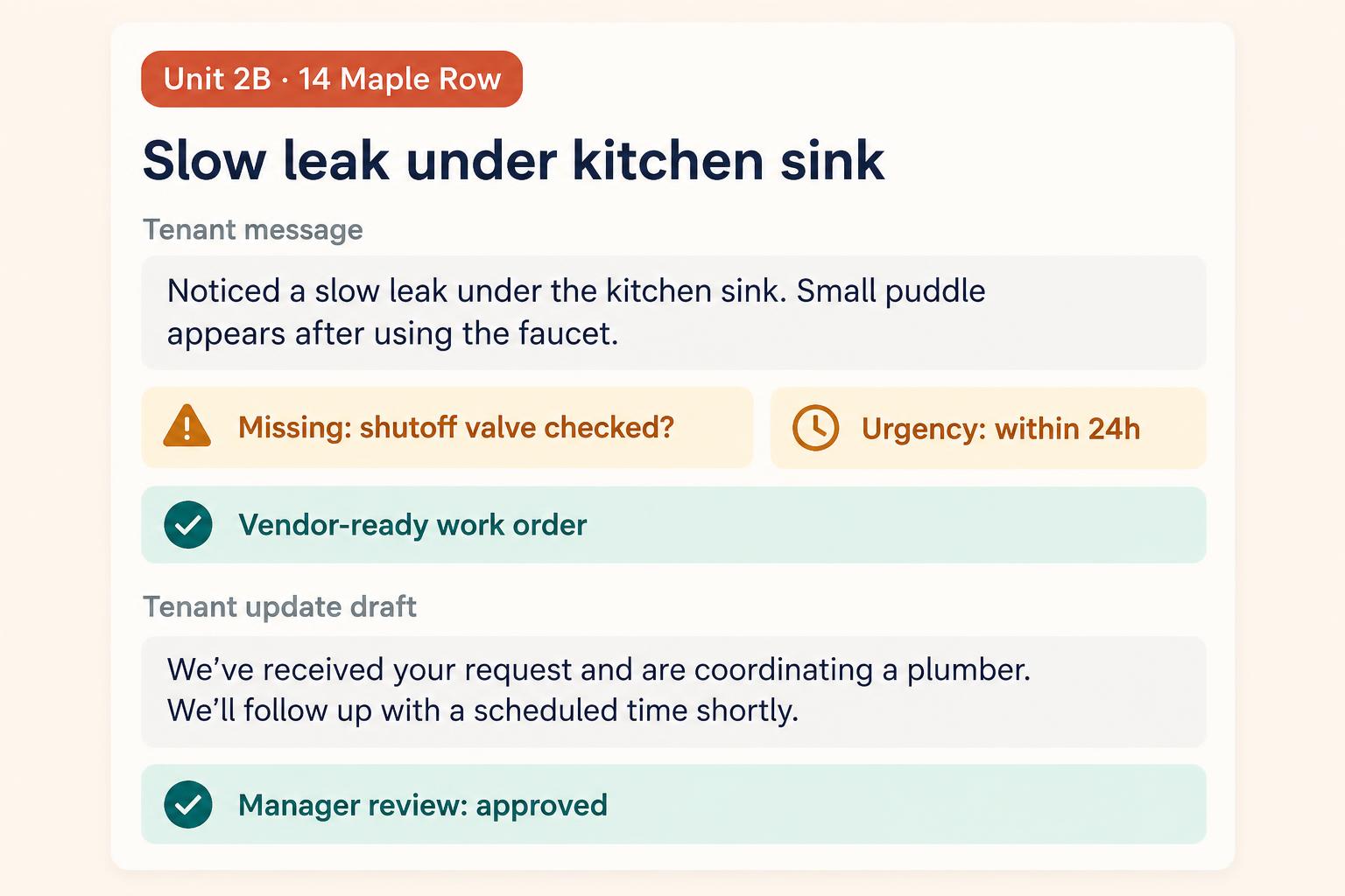 DoorBrief repair brief showing unit, missing detail, urgency, vendor-ready work order, and manager review